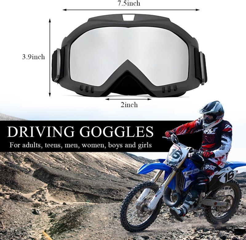 Yourkar Dirt Bike Goggles, Windproof ATV Off-Road Goggle, Wide Vision Riding Motorcycle Goggles, Motorcycle Accessories (Black-Silver) - Image 2